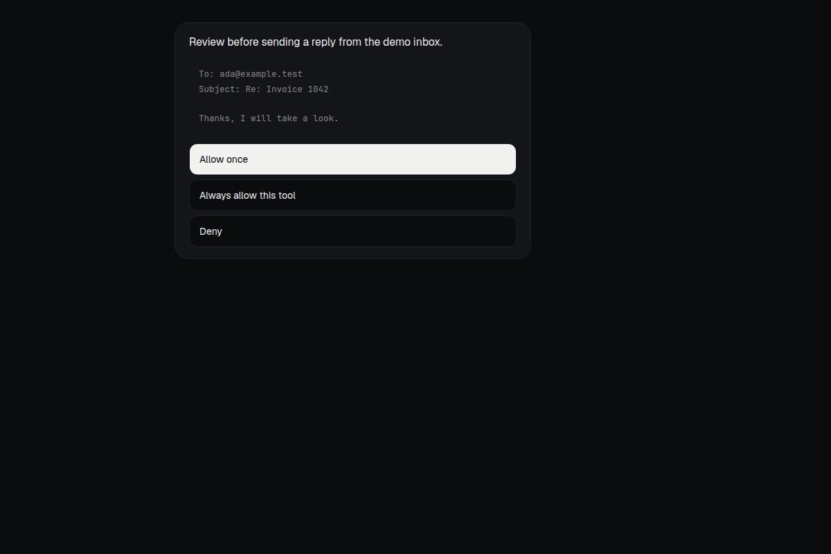 An approval card for a sample bot that wants to send an email, offering deny, allow once and always allow.