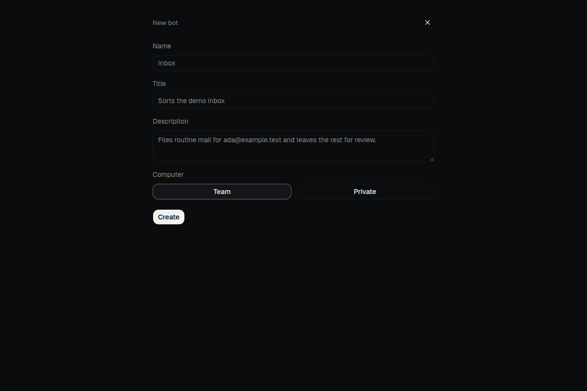 Krypton's new bot form filled in with a sample bot called Inbox.