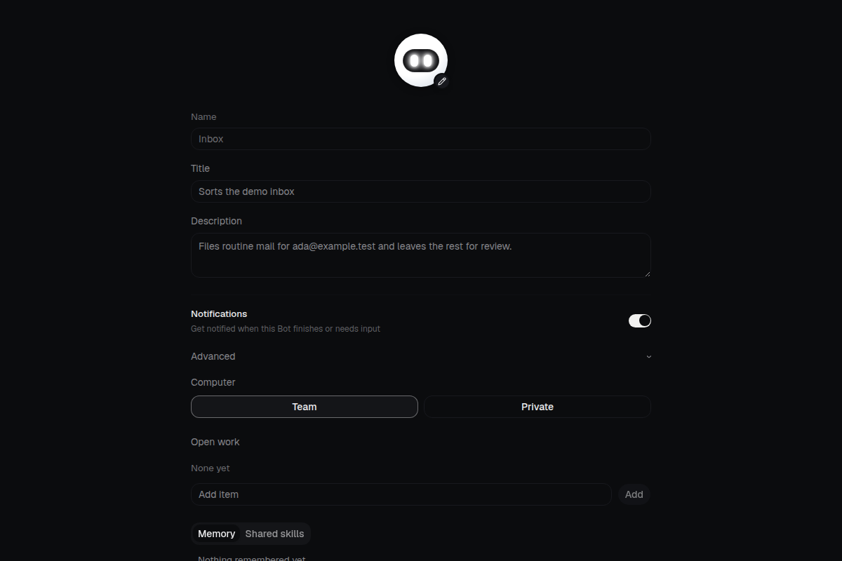 The model menu open in the settings of a sample Inbox bot.