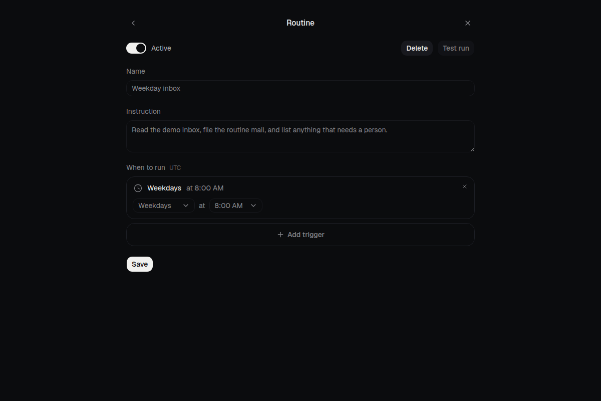 A weekday inbox-check routine open in the editor, its instruction in plain text.