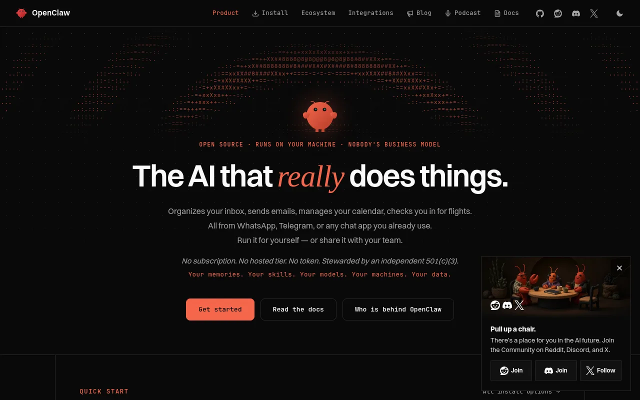 Screenshot of the OpenClaw homepage