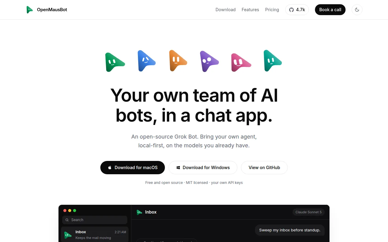 Screenshot of the OpenMausBot homepage