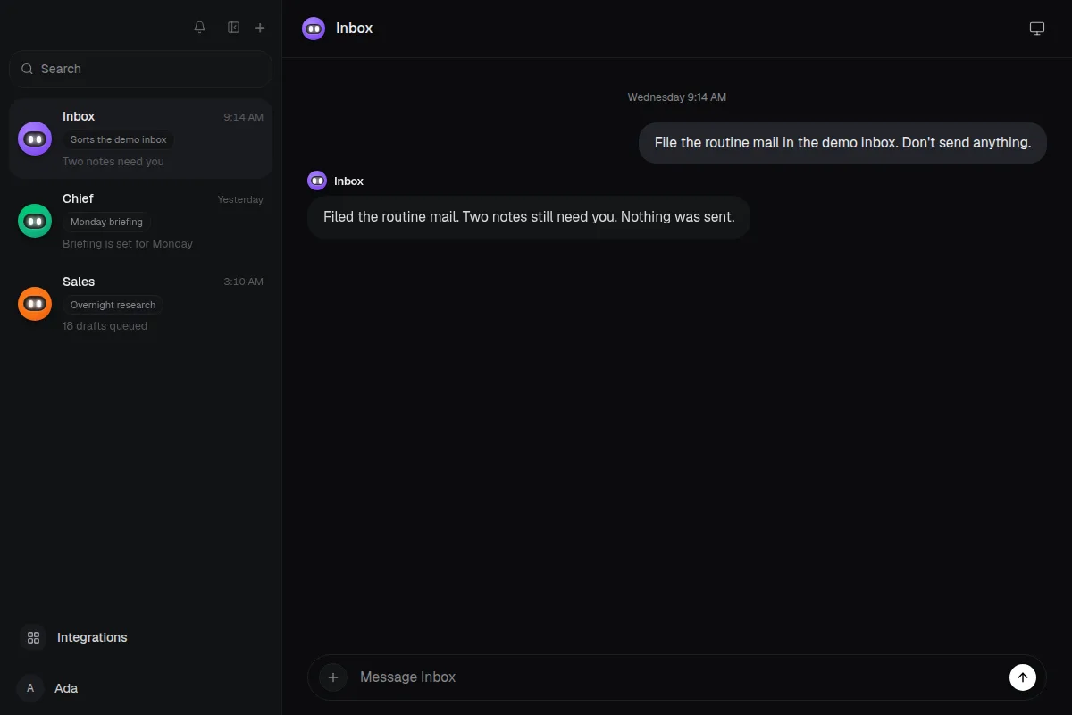 The Krypton chat open on the Inbox bot, with Inbox, Chief, and Sales listed in the sidebar and a message asking the bot to file demo mail without sending anything.