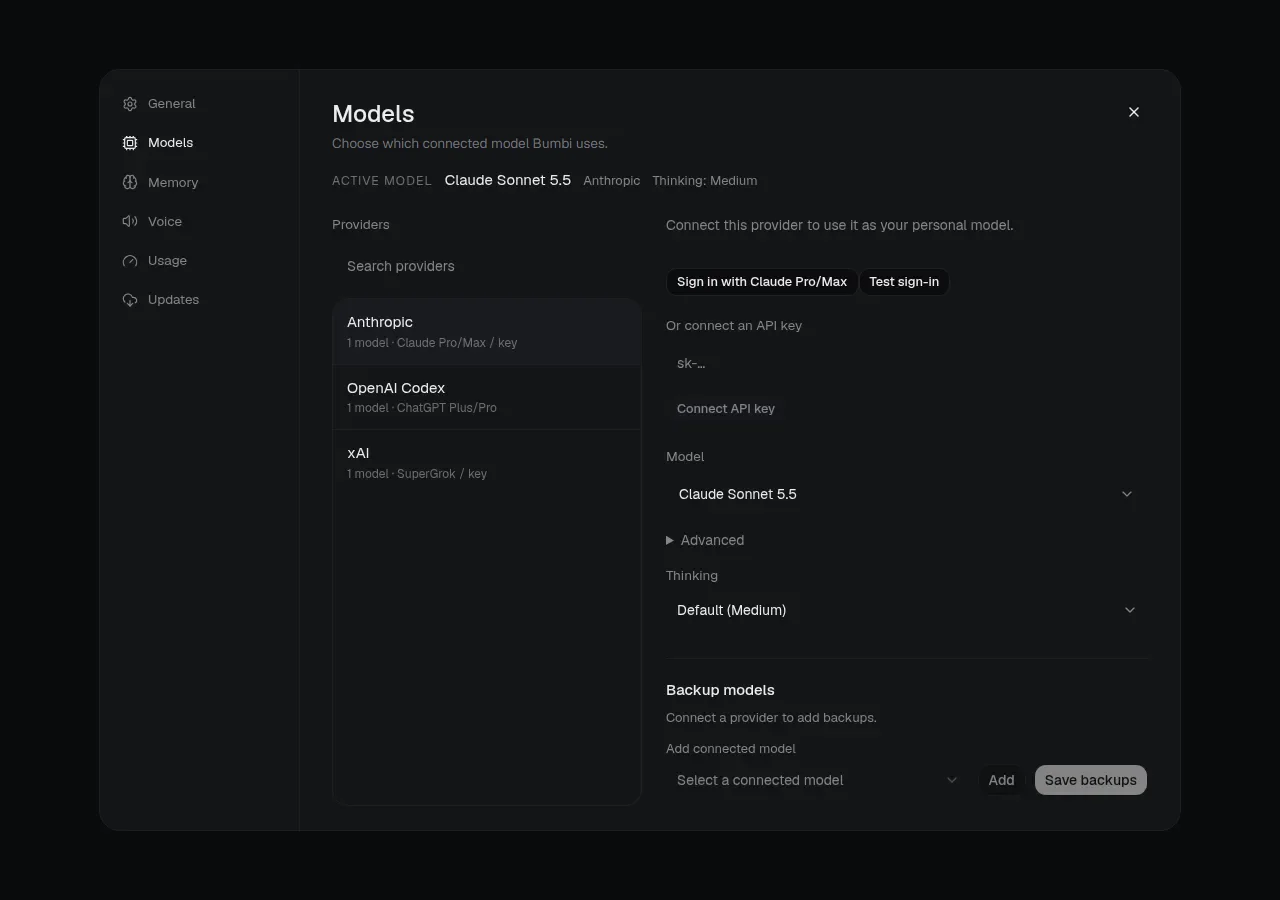 The model settings screen in Krypton: Anthropic is the selected provider, the model menu shows Claude Sonnet 5.5, a Sign in with Claude Pro/Max button, and OpenAI Codex and xAI further down the provider list.