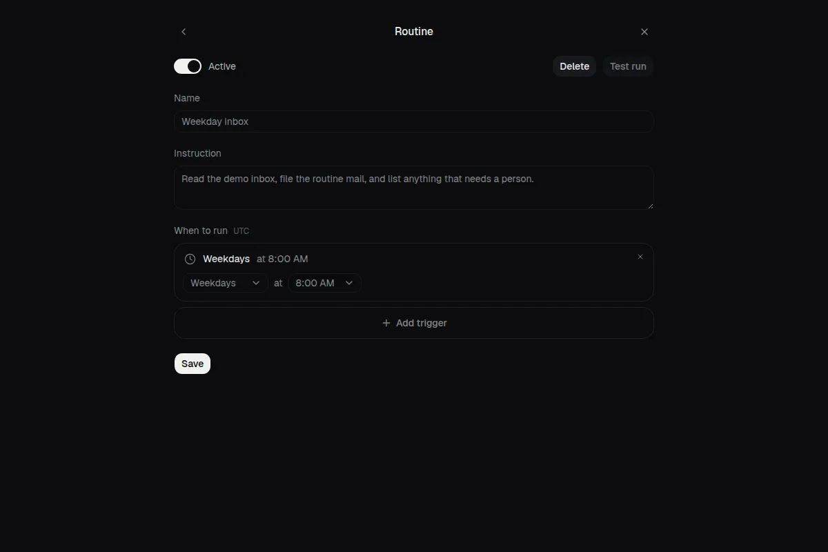 Krypton's routine editor showing a weekday inbox check, its instruction written in plain text and scheduled for 8:00 AM on weekdays.